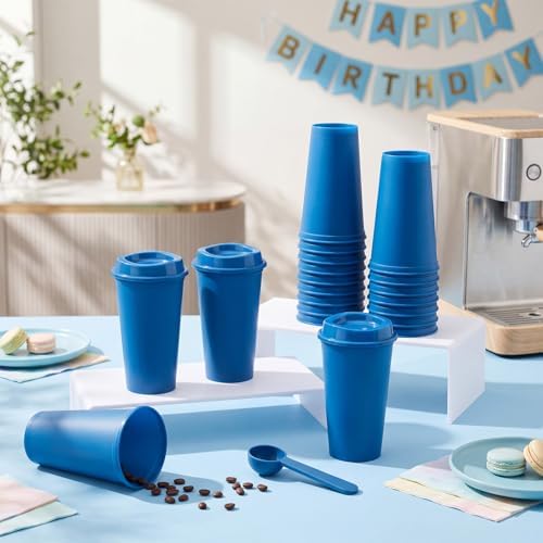 Honeydak 30 Pack 16 oz Reusable Coffee Cups with Lids Water Bottle Iced Coffee Travel Mug Portable Plastic Tea Tumblers Bulk for Hot and Cold Drinks Birthdays Party (Dark Blue,Classic) - Image 2