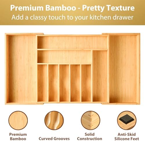 Umilife Extra Large Expandable Kitchen Siverware Utensils Drawer Organizer, 19" Deep for Big Drawer, Adjustable Bamboo Wood Drawer Divider with Curved Grooves, Cutlery Tray Flatware Holder - Image 3