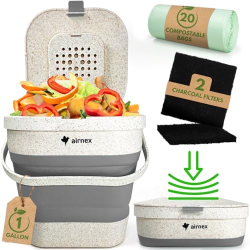AIRNEX Collapsible Compost Bin Kitchen Counter Caddy - 1 Gallon Countertop Compost Bin with Lid Made of Wheat Straw - Odorless Kitchen Compost Bin Countertop with 20 Compost Bags and 2 Carbon Filters by Airnex