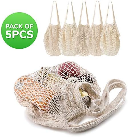 5 pack Cotton String Shopping Bags Reusable Washable Grocery Mesh Bags Organizer for Grocery Shopping Produce Net Bags with Longhandle for Fruit Vegetable Storage - Image 7