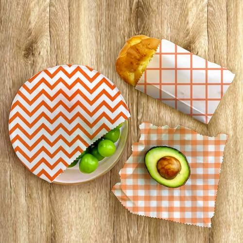 Reusable Beeswax Wraps, Orange Chevron Grid Gingham Wraps, 9 Pack Eco-Friendly Food Storage, Organic, Sustainable, Zero Waste, Plastic-Free, Sandwich, Snack, Bowl Cover, 1XL, 3M, 5S - Image 7