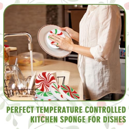 Whaline 8Pcs Christmas Candy Kitchen Sponges Red Green Xmas Candy Water Absorbing Dish Washing Sponge Non Scratch Cleaning Scrub Sponges for Dish Pots Pans Dishwashing Holiday Home Kitchen Bathroom - Image 6
