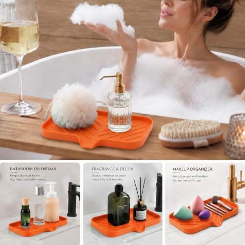 MicoYang Silicone Soap Dish with Drain Spout — Self-Draining Sink Organizer Tray for Bathroom & Kitchen, Sponges, Dispensers & Soap Holder, Non-Slip & Dishwasher Safe, Orange (Medium, 9.6"×5.3") - Image 3