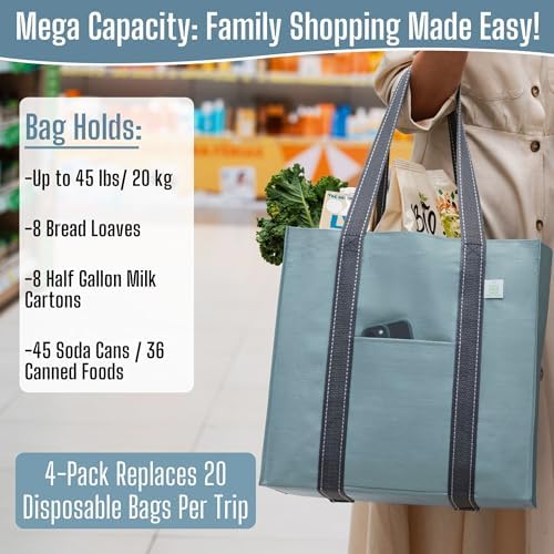VENO 4 Pack Large Grocery Bag Reusable Shopping Bags with Hard Bottom - Image 4
