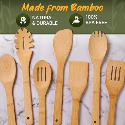 Wooden Utensil Set, Bamboo Utensils – 7 PCs Wood Spoons for Cooking - Image 5