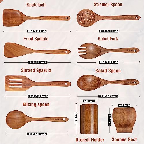 Mooues Wooden Kitchen Utensil Set, 9 Piece Natural Teak with Spoon Rest - Image 3