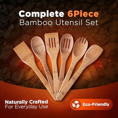 Riveira Dark Bamboo Wooden Spoons for Cooking 6-Piece, Apartment Essentials Wood Spatula Spoon Nonstick Kitchen Utensil Set Premium Quality Housewarming Gifts for Everyday Use - Image 3