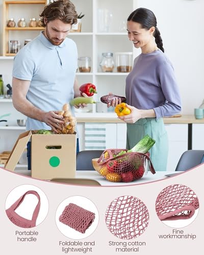 Eccliy 12 Pcs Reusable Mesh Grocery Bags Portable Cotton Produce Containers Washable Net Mesh Tote Bag Handle String Shopping(Pink) - Image 2