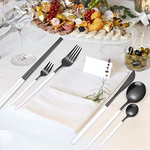 AARainbow 8 Pieces Stainless Steel Flatware Set Portable Reusable Cutlery Set Travel Utensils Set Including Chopsticks Knife Fork Spoon Straws Cleaning Brush Dishwasher Safe (White black) - Image 6