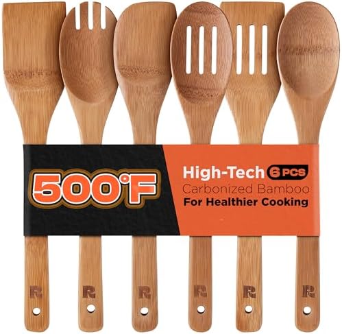 Riveira Dark Bamboo Wooden Spoons for Cooking 6-Piece, Apartment Essentials Wood Spatula Spoon Nonstick Kitchen Utensil Set Premium Quality Housewarming Gifts for Everyday Use by Riveira