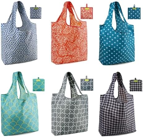 BeeGreen Reusable Grocery Bags Geometry Design - Pack of 6 Foldable Totes for Women with Pouch,X-Large 50lbs Capacity Machine Washable Polyester Sturdy Shopping Bags for Women Travel Shopping by BeeGreen