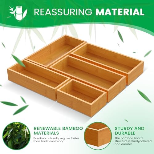 Bamboo Drawer Organizer Set, 5-Piece Storage Trays for Kitchen, Bathroom, Office Desk, Makeup & Junk Drawers,Utensils - Image 6
