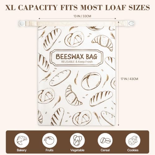 Beeswax Bread Bag, Reusable Bread Bags for Homemade Bread, 2 Pack Beeswax Bread Bags for Sourdough, Natural Cotton Sourdough Bread Bag, Large Capacity - Image 3
