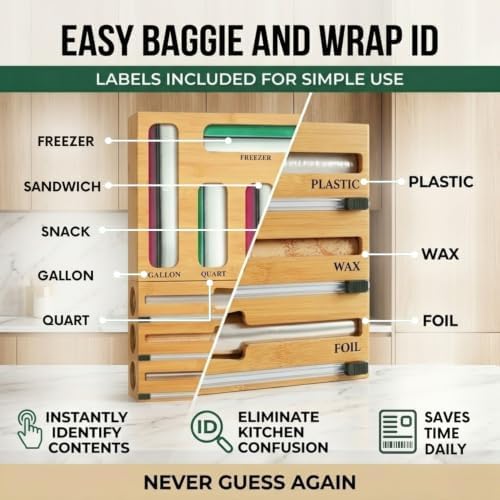 9 in 1 Bamboo Storage Bag Organizer for Kitchen Drawer, Bamboo Kitchen Drawer Organizer with Cutter, Foil and Plastic Wrap Dispenser, Ideal Storage for Gallon, Quart, Sandwich and Snack Bags - Image 7