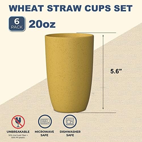 Wrova Wheat Straw Cups 6 PCS Good Alternative to Plastic Reusable Cups 20 oz Unbreakable Drinking Cup Reusable Dishwasher Safe Water Plastic Glasses Yellow Color - Image 2