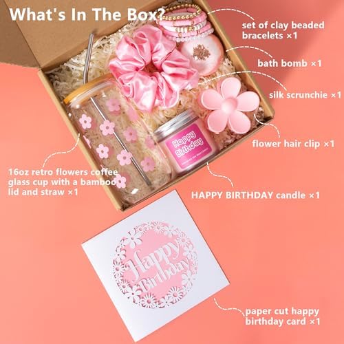 JTEWB Birthday Gifts For Women, Teen Girl, Her, Happy Birthday Gift Box For Girl, Women, Sister, Daughter, Friends, Cute Daisy Aesthetic Glass Cups Gift Set 7pcs - Image 2