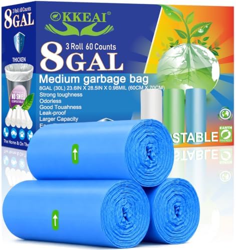 OKKEAI 8 Gallon Kitchen Trash Bags, 30L Blue Garbage Bags, 60 Count by SmallTrashBags