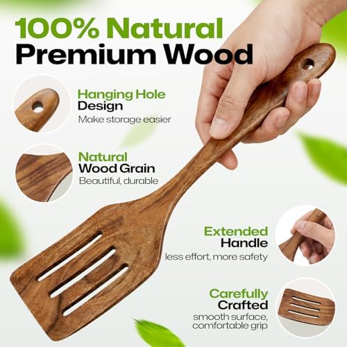 AIUHI 2Pcs Wooden Spatulas, Teak Wood Long Handle Flat Frying Turner, Nonstick Cooking Utensils Spatula for Kitchen - Image 3