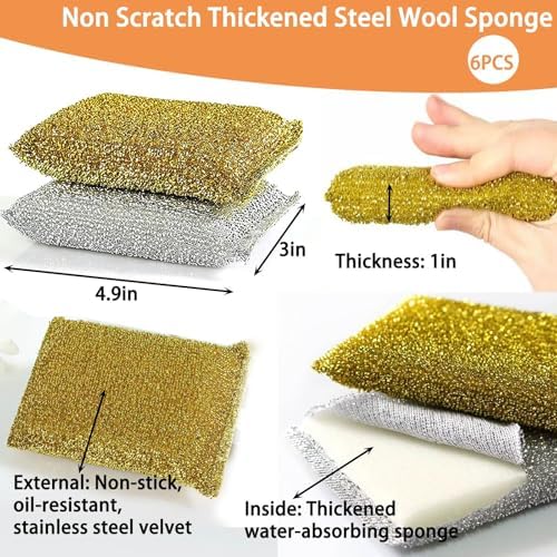 Dish Sponges Kitchen Scrubber - 6 Pack Non Scratch Steel Wool Scrubber Esponjas para Lavar Platos Multipurpose Thickened Sponges for Cleaning Dishes, Pans, Pots - Image 2