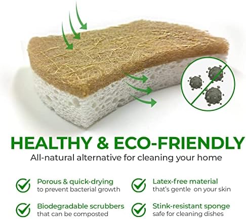 AIRNEX 24 Pack Biodegradable Natural Kitchen Sponge - Compostable Cellulose and Coconut Walnut Scrubber Sponge - Eco Friendly Sponges for Dishes - Image 4
