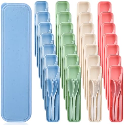 Reusable Utensils Set with Case, 28 Sets Wheat Straw Lunch Utensil Set, Portable Spoon Fork Knife Cutlery for Travel Camping Picnic Office Bento Box, Eco-Friendly BPA Free Tableware - Image 7