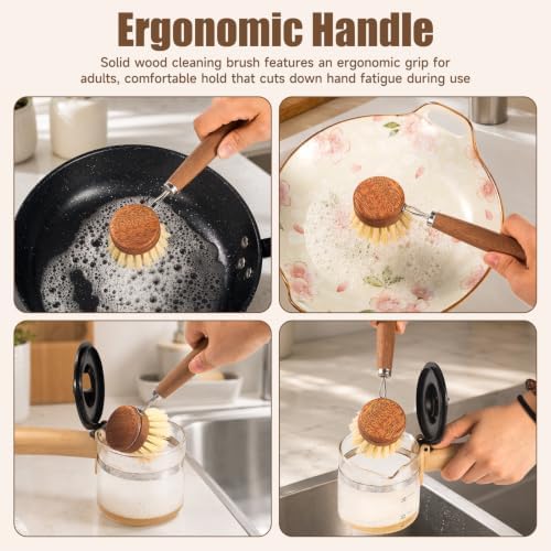 SAMEBUTECO Wood Dish Brush with Long Handle, Natural Sisal Kitchen Scrub Brushes for Fruit & Vegetable,Dishes, Pots and Pans, Includes 1 Scrubber and 2 Replacement Heads, Kraft Box, Brown - Image 3