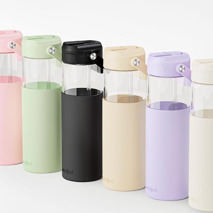 Glass Water Bottle with Silicone Sleeve and Straw Lid 20oz for Girls Women, Glass Drinking Bottles for Travel Home Gym Sports (Velvet Black)
