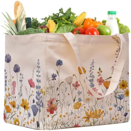 Aesthetic Canvas Reusable Grocery Bags Heavy Duty, 8.3 gal Foldable Large Tote Bag with Handles, Holds 60 lbs & Washable Eco-friendly Bags with 5 Pockets, Beige with a print 1 Bags（Wildflowers） by CNaiyunpin