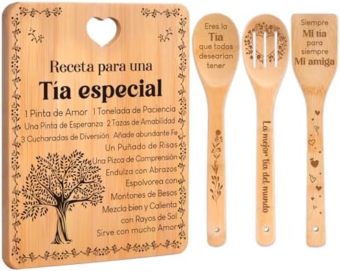 Regalos de cumpleaños para Tía - "Receta para una Tía especial". Juego de tablas de cortar y utensilios de bambú grabados. Regalos de cumpleaños para Tía. Spanish Aunt Cutting Board by Apjielop-GiftsMaster