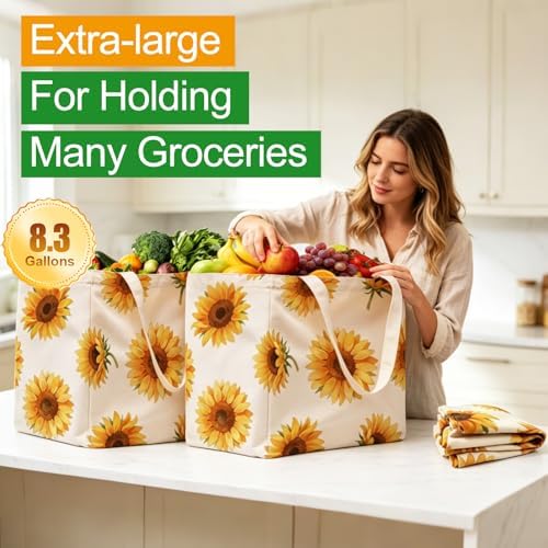 Aesthetic Canvas Reusable Grocery Bags Heavy Duty, 8.3 gal Foldable Large Tote Bag with Handles, Holds 60 lbs & Washable Eco-friendly Bags with 5 Pockets, Beige with a print 3 Bags - Image 3