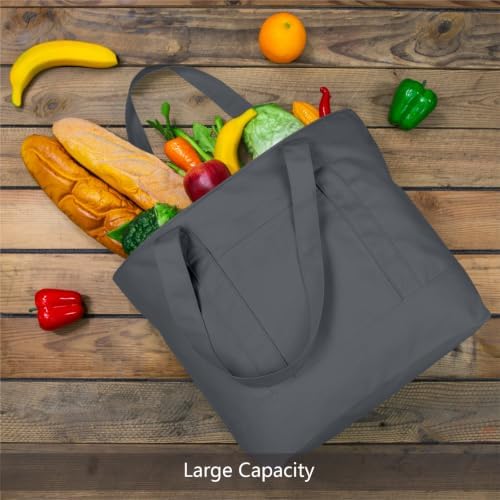 TOPDesign 6-Pack Canvas Tote Bags with an External Pocket, Reusable Grocery Shopping Bags, Top Zipper Closure, Daily Essentials (Grey) - Image 3