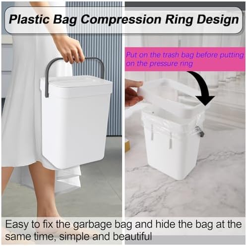 Compost Bin Kitchen, Includes 100 Trash Bags, Hanging Trash Can with Lid, Features Pet-Proof, Odor-Proof, and Quiet Opening/Closing. Suitable for Bathrooms/Bedrooms/Offices (White, 1.3Gal/5L) - Image 3
