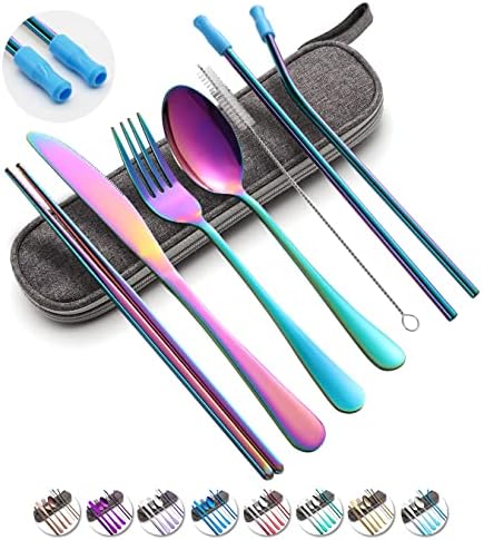 Travel Utensils Set with Case Reusable Portable Cutlery Set Stainless Steel 8pcs Including Dinner Knife Fork Spoon Chopsticks Straws(Rainbow) by OASMU