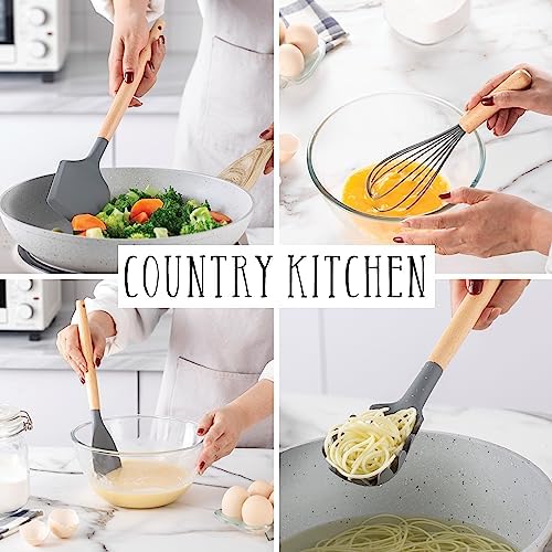 Country Kitchen Non Stick Silicone Utensil Set with Rounded Wood Handles for Cooking and Baking, 38 Piece Set, Gray - Image 4