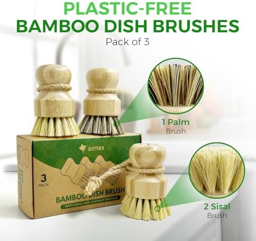 AIRNEX Bamboo Dish Brush Set of 3 - Natural Wooden Dish Scrubber w/Medium Stiff Sisal & Coconut Bristles - Kitchen Scrub Brush for Dishes, Pots & Pans - Plastic Free, Non Scratch Bristles - Image 2