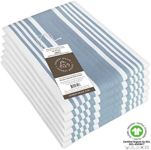 HONEST WEAVE GOTS Certified Organic Cotton Kitchen Hand and Dish Towel Sets - Oversized 20x30 inches, Fully Hemmed, in Designer Colors, 6-Pack, Dusty Blue Stripe - Image 3