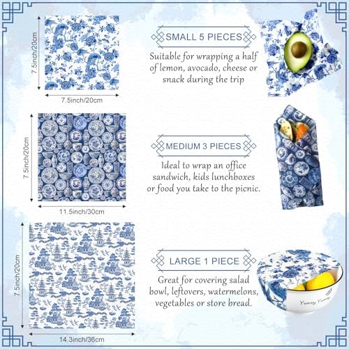Tigeen 9 Pcs Reusable Beeswax Wrap for Food, Blue Chinoiserie Beeswax Paper - Image 2
