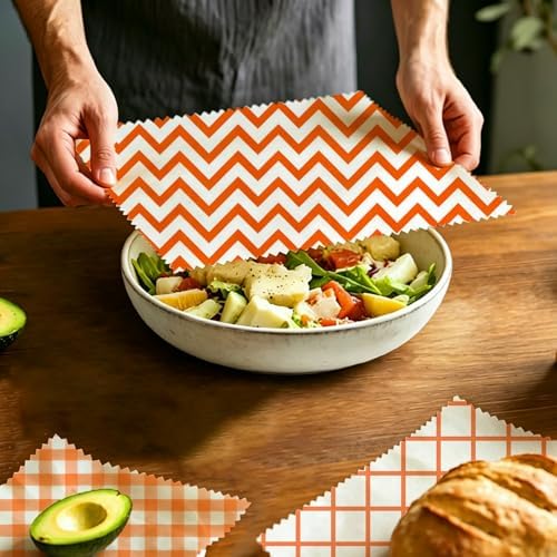 Reusable Beeswax Wraps, Orange Chevron Grid Gingham Wraps, 9 Pack Eco-Friendly Food Storage, Organic, Sustainable, Zero Waste, Plastic-Free, Sandwich, Snack, Bowl Cover, 1XL, 3M, 5S - Image 5