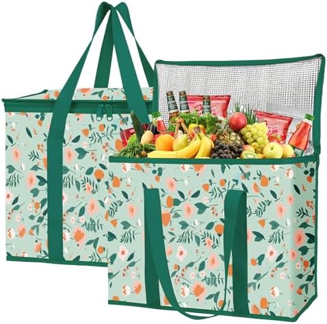 musbus 2-Pack extra Insulated Grocery shopping bag, large Green leaf, kitchen foldable reusable bags groceries,Sturdy zipper,Collapsible,tote,cooler,for transport women,Durable carrier by Musbus