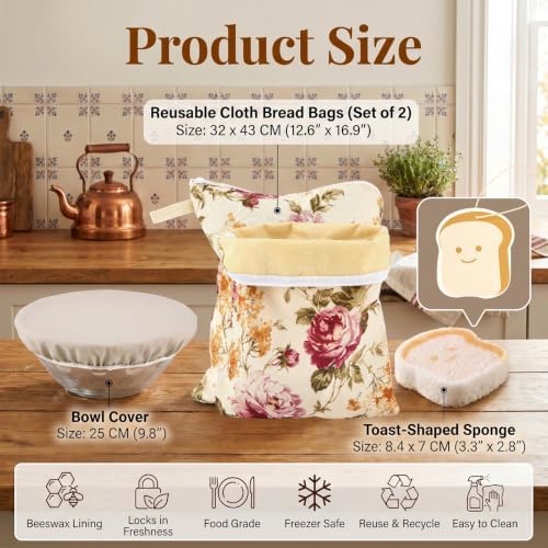 2 Pack XL Beeswax Bread Bags with Bowl Cover & Cleaning Sponge Set - Image 2