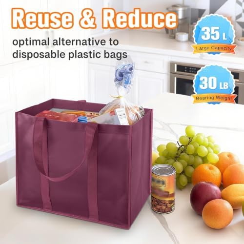 WISELIFE Reusable Grocery Bags, Foldable, Lasting Use, 35L, 3 Pack, Claret - Image 4