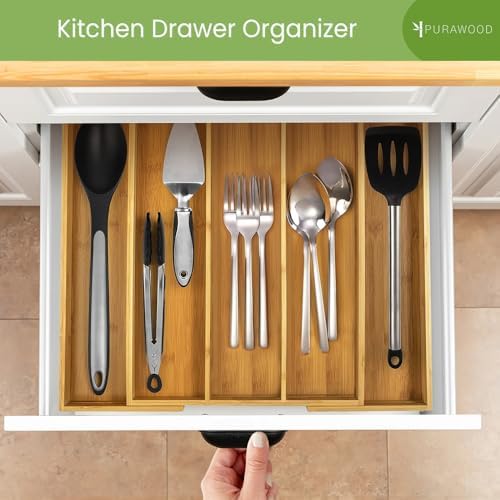 Purawood Kitchen Drawer Organizer, 2 Pack - Expandable Utensil Drawer Organizer for Kitchen, Cutlery Tray & Silverware Organizer, 3-5 Slots - Bamboo Organizer for Utensils & Flatware (Natural) - Image 5