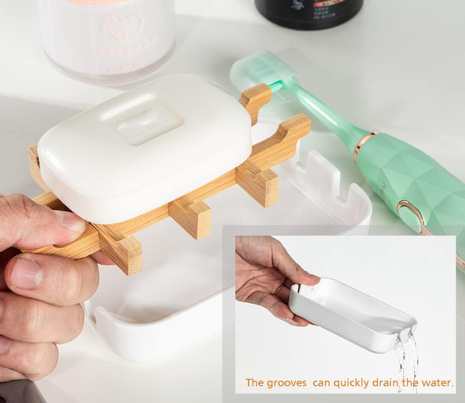 Classic Bamboo Fiber Soap/Sponge Dishes, Bar Sink Soap Holder, Bathroom Small Soap Tray, White - Image 5