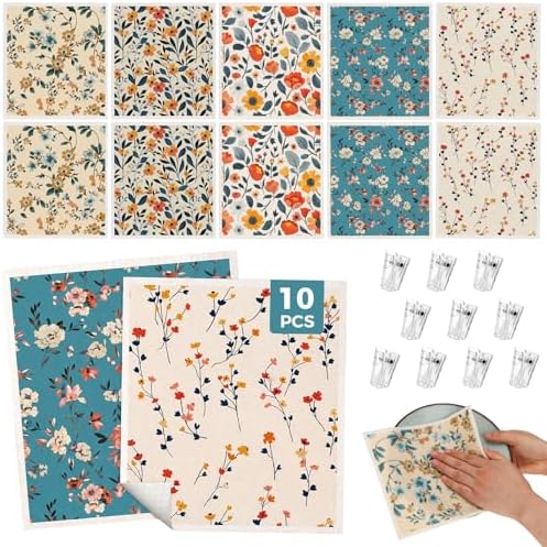 wlich 10 Pack Swedish Dishcloths, Reusable Kitchen Towels with Clips, Plant by wlich