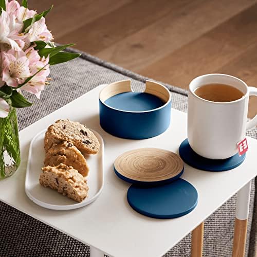 HABITAS Spun Bamboo Coasters for Drinks - Coaster Set with Bamboo Wood Coasters and Coaster Holder. Modern Coasters for Coffee Table (Blue) - Image 4