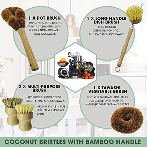 5 Pieces Bamboo Dish Brush Set for Eco-Friendly Home - Wooden Dish Scrubbers, Sustainable Kitchen Cleaning Set, Natural Bristle Dish Brushes for Pots Pans Bottles - Image 3