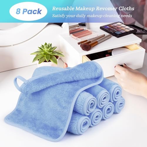 8 Pack Makeup Remover Cloth,13x7 Inch Reusable Makeup Remover Towels, Ultra Soft Microfiber Face Cloth Reusable Facial Washcloths, Blue - Image 7