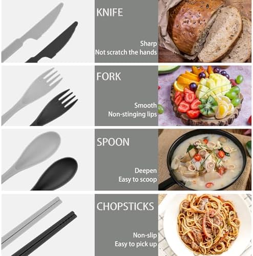 2 Sets Plastic Reusable Utensils Set with Case, Travel Chopsticks Fork Spoon Knife Set for Lunch Box, Portable Cutlery Sets for Travel Camping Daily Use (Black, Grey) - Image 3