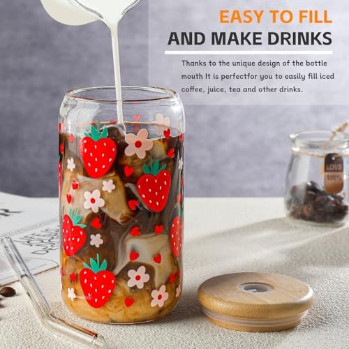Glass Cups with Lids and Straws with Design Strawberry 4 pcs,Clear Glass Cups 16 oz-DWTS Drinking Glasses Set,Glass Tumbler,Cute Design Glass Iced Coffee Cups with Lids and Straws 480ml - Image 5