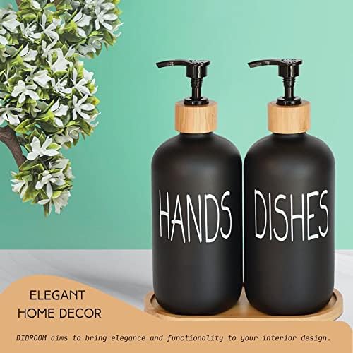 Glass Soap Dispenser Set. Hand and Dish with Bamboo Tray. Vintage Pump for Kitchen Drain Outlet Bathroom. Stylish Permanent Labels (Matte Black) - Image 5